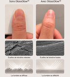 Comparatif avant-après GlassGlow™ montrant la surface de l’ongle lissée et la lumière mieux réfléchie